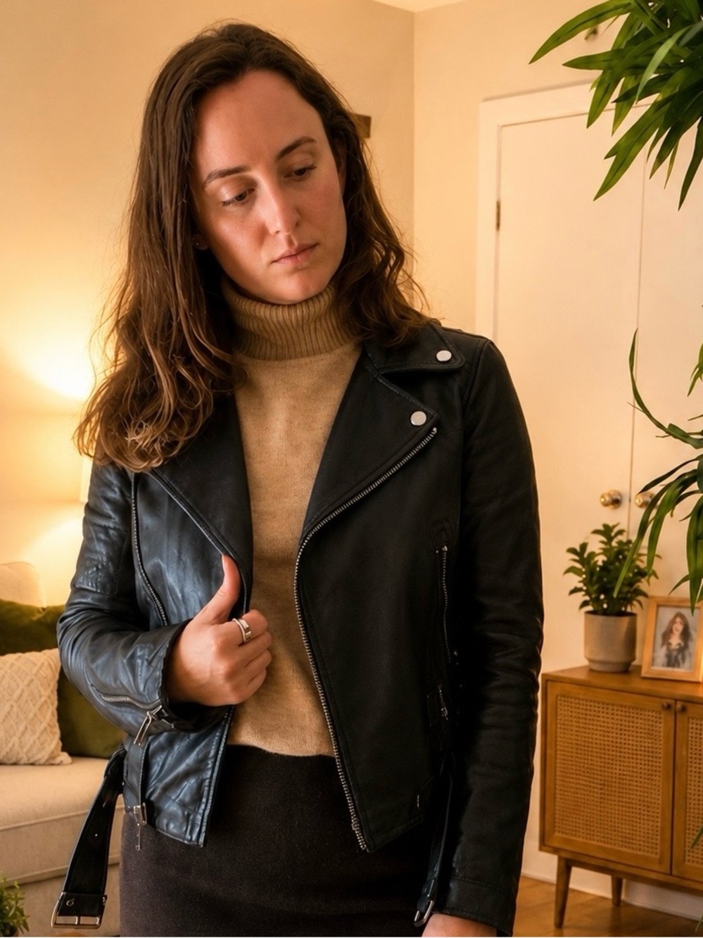 Zara Black Leather Biker Jacket with Quilted Sleeves